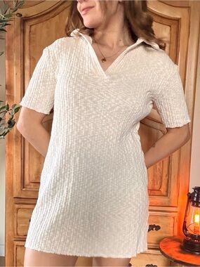 H&M Cream Ribbed Short-Sleeve Polo mini dress